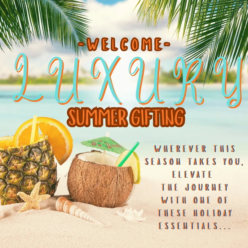Luxury summer corporate gifting campaign featuring tropical cocktails on a beach, representing high-end branded holiday gifts for clients in South Africa.