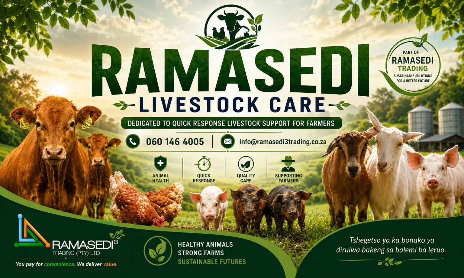 Cattle, goats, chickens and pigs on a Ramasedi Livestock Care farm in South Africa